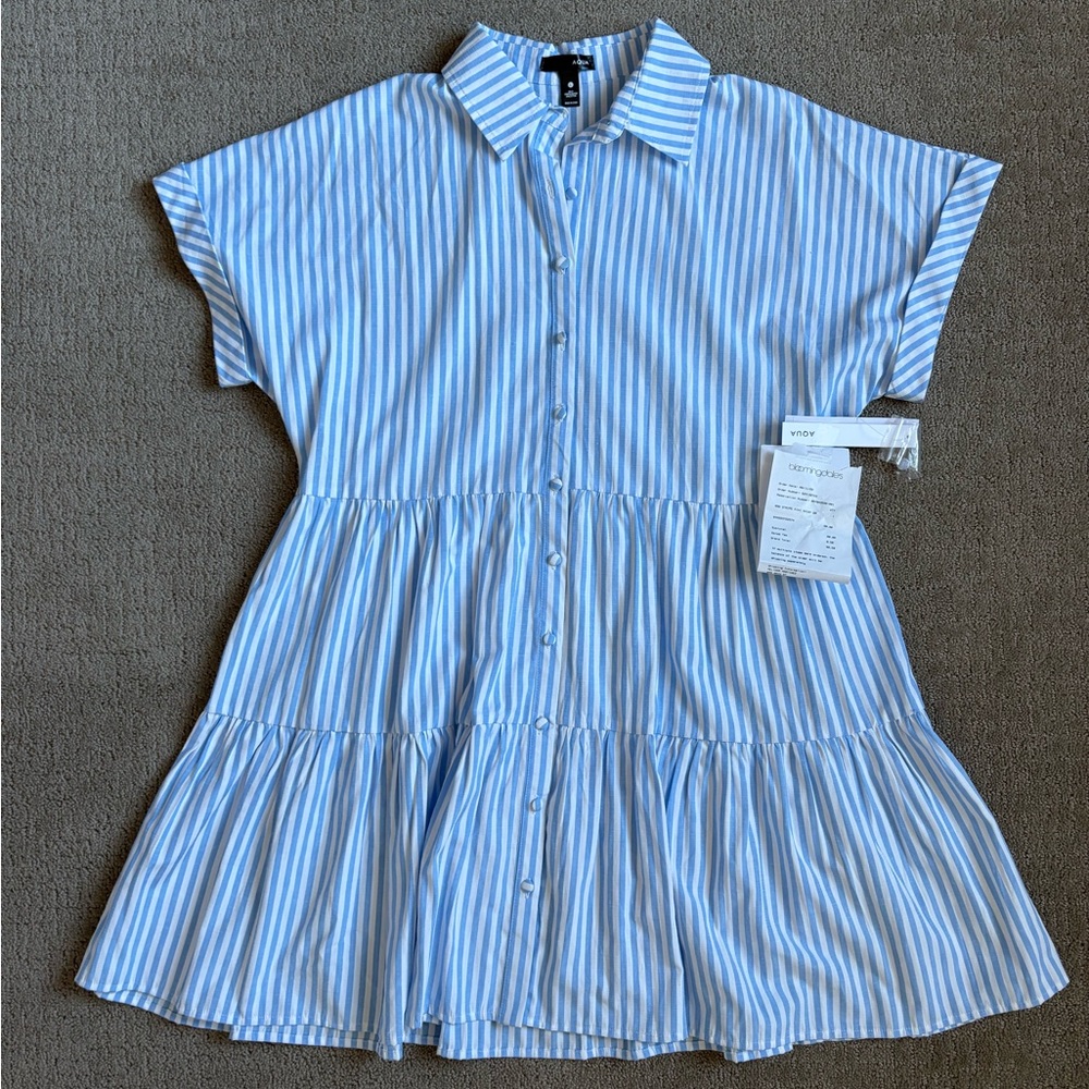 Aqua Blue & White Striped Tiered Shirt Dress Size L - NWT